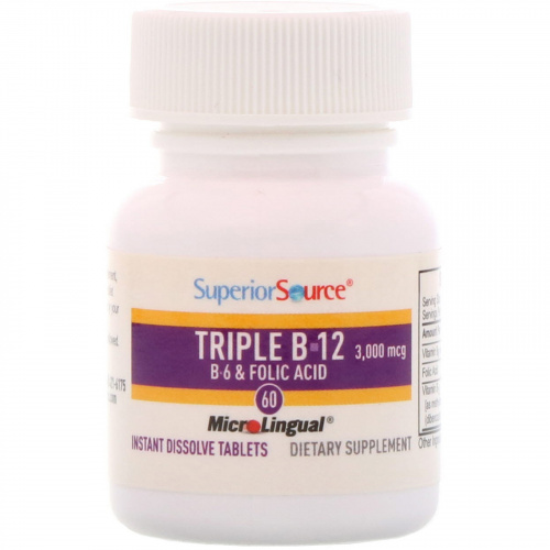 Superior Source, Тройная формула B-12, B-6 [пиридоксин] / фолиевая кислота, 3,000 мкг / 800 мкг, 60 микролингвальных быстрорастворимых таблеток