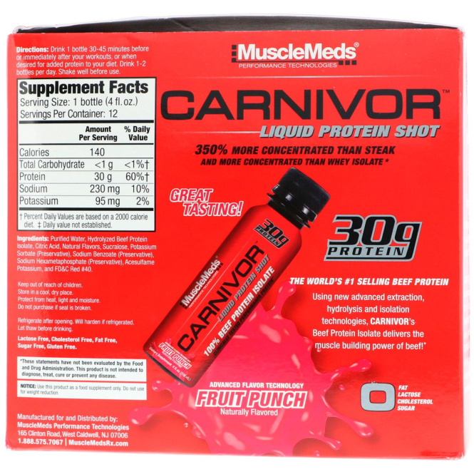 MuscleMeds, Carnivor, порция жидкого белка, фруктовый пунш, 12 в упаковке, по 4 ж. унц. (118 мл)