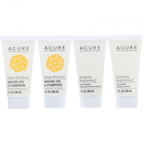 Acure, Travel Pack, Shampoo, Conditioner, Facial Scrub, Day Cream, 4 Pack, 1 oz (30 ml) Each