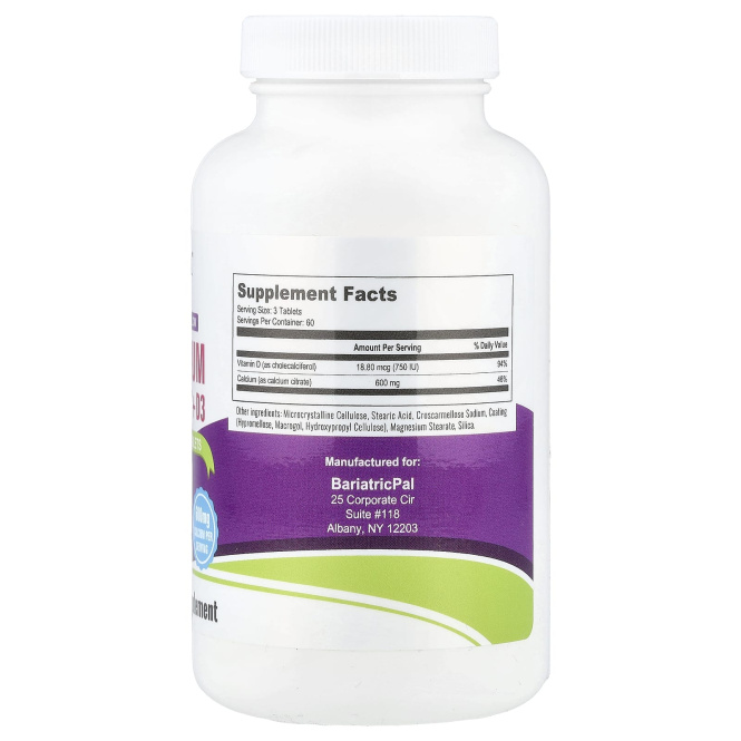 BariatricPal, цитрат кальция и D3, 180 таблеток, покрытых оболочкой