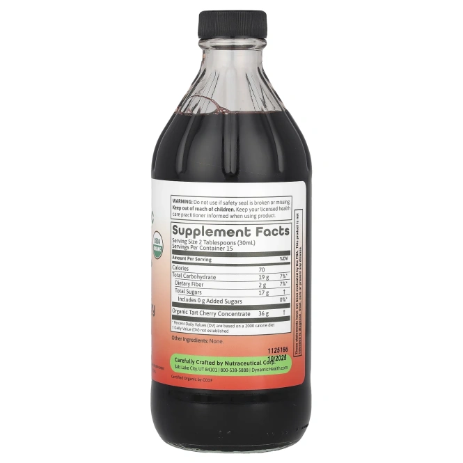 Dynamic Health, Сертифицированный органический продукт Tart Cherry, 100-процентный концентрированный сок, неподслащенный, 473 мл (16 жидких унций)