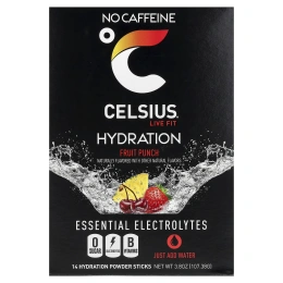 Celsius, Live Fit, увлажнение, незаменимые электролиты, без кофеина, фруктовый пунш, 14 порошковых стиков для увлажнения, 7,76 г (0,27 унции)
