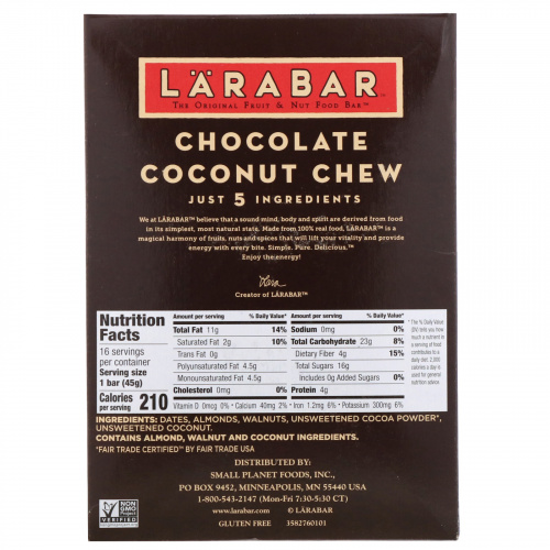 Larabar, Тянучка с кокосом и шоколадом, 16 батончиков, 1,6 унции (45 г) каждый