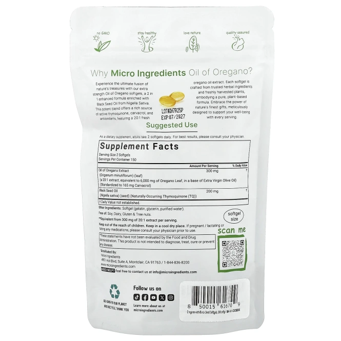 Micro Ingredients, Масло орегано с маслом черного тмина, 300 мягких таблеток