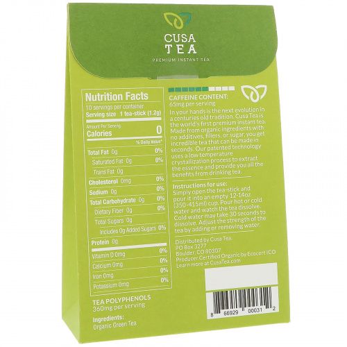 Cusa Tea, Органический продукт, Зеленый чай, 10 отдельных порций, 0,04 унц. (1,2 г) в каждом