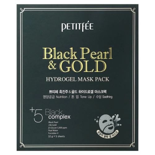 Petitfee, Гидрогелевая маска для лица с золотом и черным жемчугом, 5 шт по 32 г