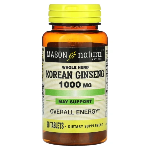 Mason Natural, Корейский женьшень, цельные травы, 1000 мг, 60 таблеток
