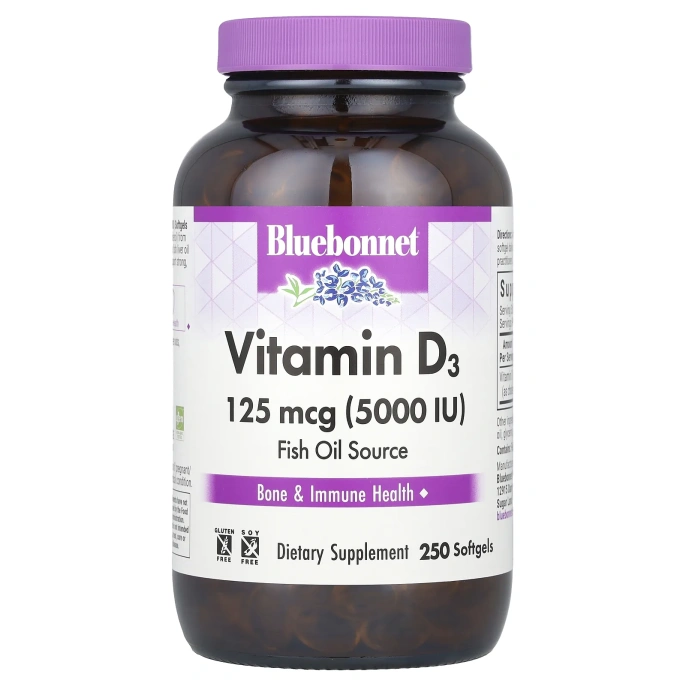 Bluebonnet Nutrition Витамин D3 5000 МЕ (для здоровья костей и иммунитета), 250 желатиновых капсул