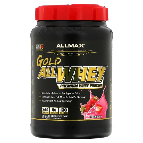 ALLMAX Nutrition, AllWhey Gold, 100% сывороточный протеин + премиальный изолят сывороточного протеина, клубника, 2 фунта (907 г)