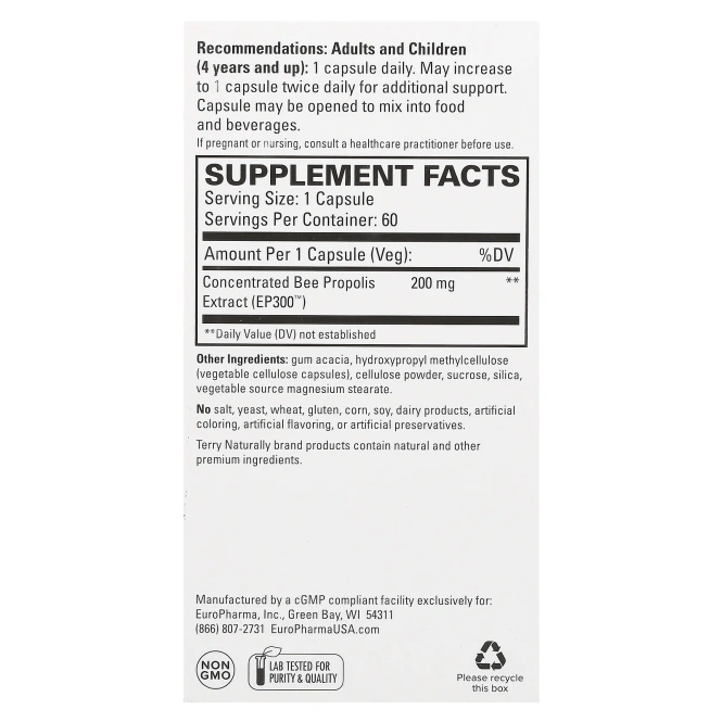 EuroPharma, Terry Naturally, Экстракт прополиса, 60 капсул