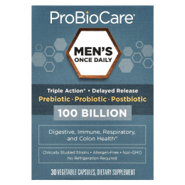 ProBioCare, Men's Once Daily, пребиотик, пробиотик, постбиотик, 100 млрд, 30 растительных капсул