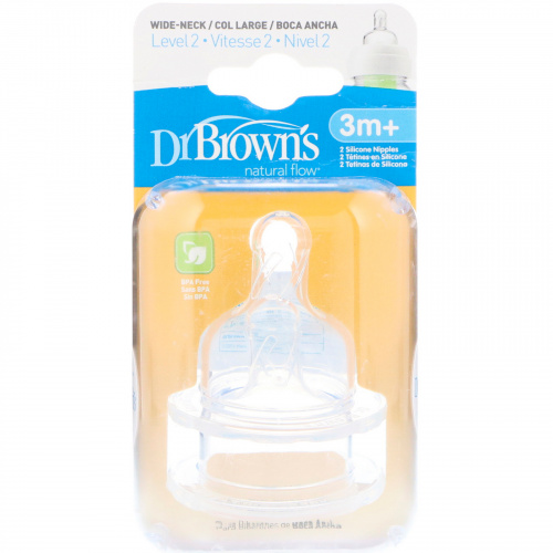 Dr. Brown's, Natural Flow, Silicone Nipples, Wide-Neck, Level 2, 3 + Months, 2 Pack
