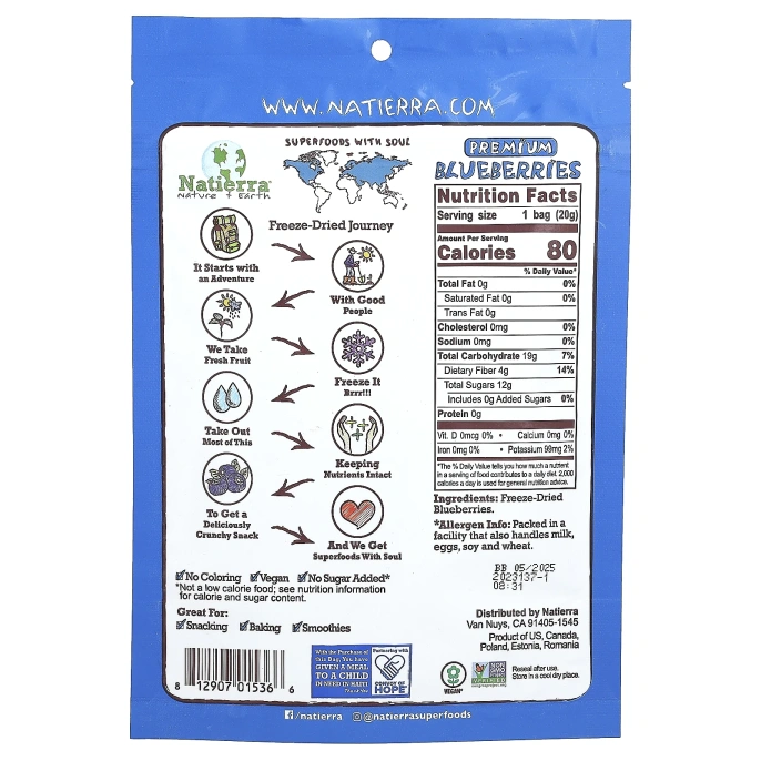Natierra, сублимированная голубика премиального качества, 20 г (0,7 унции)