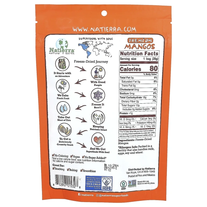 Natierra, сублимированное манго премиального качества, 20 г (0,7 унции)