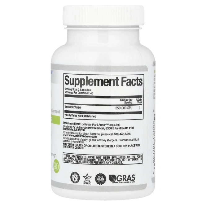 Arthur Andrew Medical, Serretia, чистая серрапептаза, 500 мг, 90 капсул
