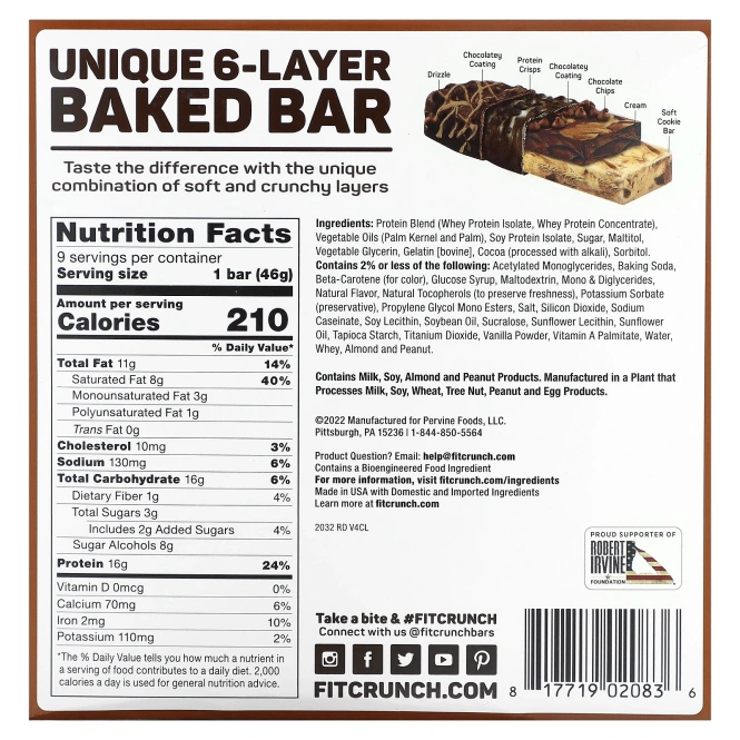 FITCRUNCH, Запеченный батончик с высоким содержанием протеина, тесто для шоколадного печенья, 9 батончиков, 46 г (1,62 унции)