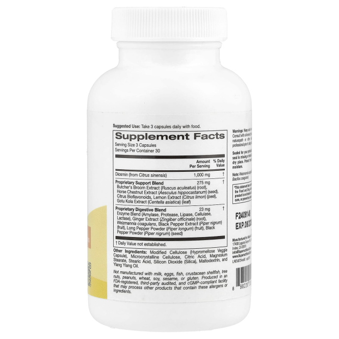 Super Nutrition, добавка для поддержки вен с диосмином, иглицей колючей, конским каштаном, биофлавоноидами и ферментами, 90 растительных капсул