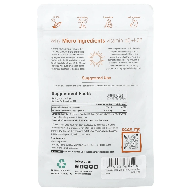 Micro Ingredients, Витамин D3 и K2, 300 капсул