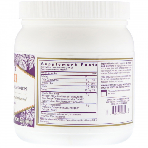 ReserveAge Nutrition, Fibeher Powder with Prebiotic Fiber & Collagen Protein, Lemon, 15.5 oz 439 g