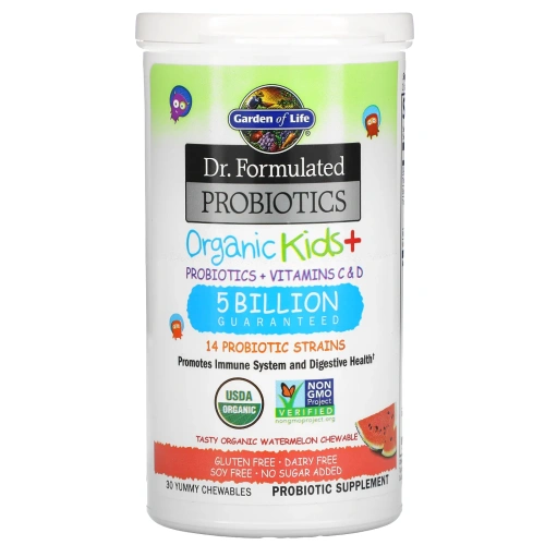 Garden of Life, Пробиотическая добавка Dr. Formulated Probiotics, Organic Kids +, пробиотики и витамины C и D, 5 млрд, вкусный органический арбуз, 30 вкусных жевательных драже