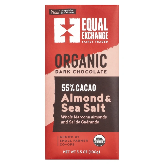Equal Exchange, органический темный шоколад, миндаль и морская соль, 100 г (3,5 унции)