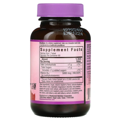 Bluebonnet Nutrition, EarthSweet, метилкобаламин, витамин B-12, натуральный вкус малины, 5000 мкг, 60 жевательных таблеток