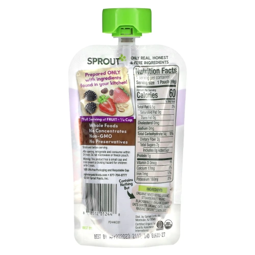 Sprout Organic, Baby Food, 6 Months & Up, Mixed Berry Oatmeal, 3.5 oz (99 g)