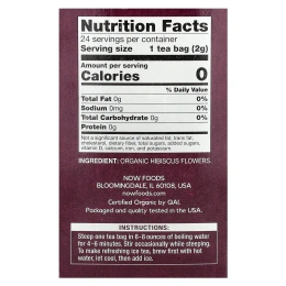 NOW Foods, органический чай гибискуса, без кофеина, 24 чайных пакетика, 48 г (1,7 унции)
