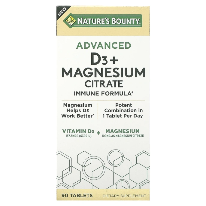 Nature's Bounty, улучшенный D3 с цитратом магния, 90 таблеток
