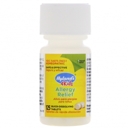 Hyland's Naturals, 4 Kids, Allergy Relief, снимает 4 симптомы аллергии, возраст от 2 до 12, 125 быстро всасывающихся таблеток