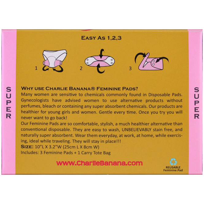 Charlie Banana, Женские прокладки с цветочным дизайном, супер, 3 штуки