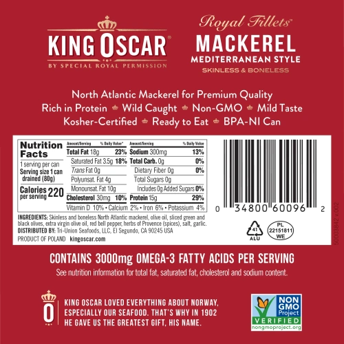 King Oscar, Royal Fillets, Mackerel Mediterranean Style, 4.05 oz ( 115 g)