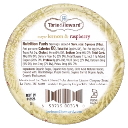 Torie & Howard, органические леденцы, лимон Мейера и малина, 57 г (2 унции)