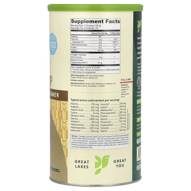 Great Lakes Wellness, Daily Keto Collagen, сливки без молочных продуктов, ваниль, 400 г (14,1 унции)