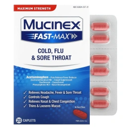 Mucinex, Fast-Max от простуды, гриппа и боли в горле, максимальная сила действия, для детей от 12 лет, 20 капсул