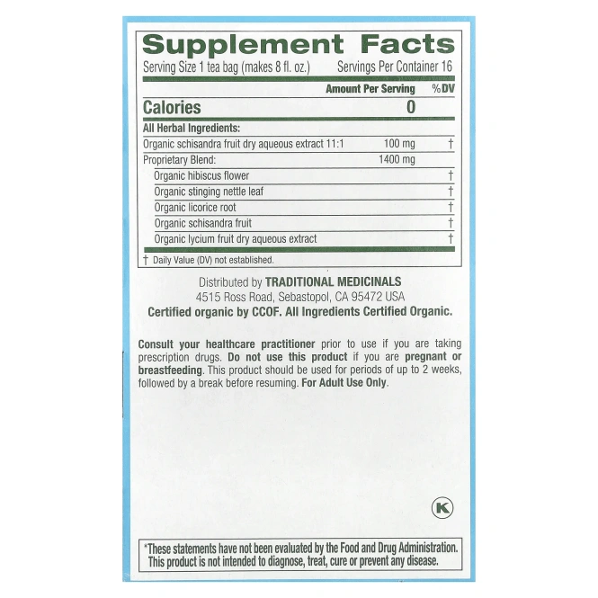 Traditional Medicinals, Organic EveryDay Detox®, ягоды гибискуса и лимонника, без кофеина, 16 чайных пакетиков в упаковке, 24 г (0,85 унции)