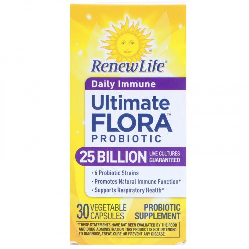Renew Life, Ultimate Flora Probiotic, Daily Immune, 25 миллиардов живых культур, 30 вегетарианских капсул