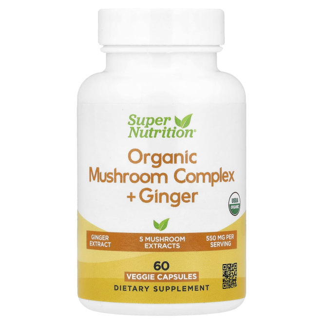 Super Nutrition, комплекс органических грибов с имбирём, 60 вегетарианских капсул