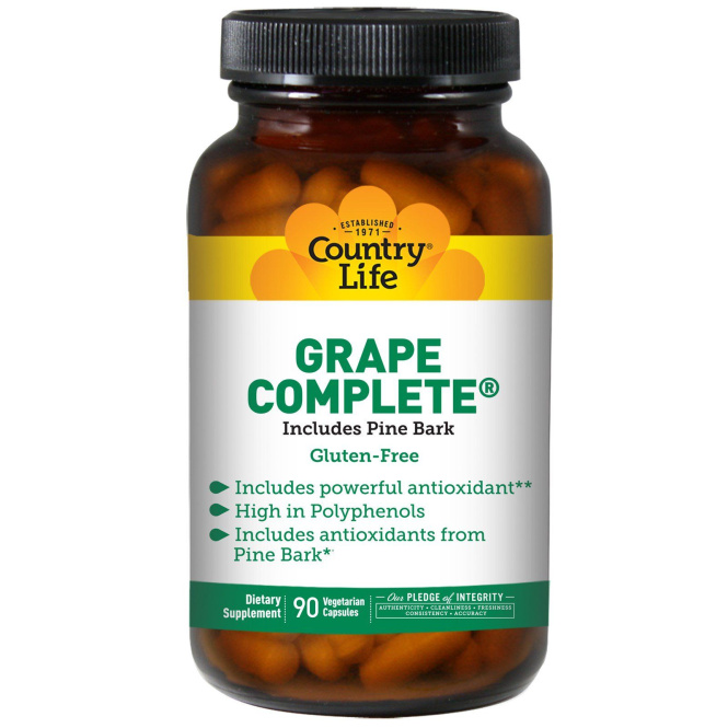 Country Life, Grape Complete, включает сосновую кору, 90 вегетарианских капсул