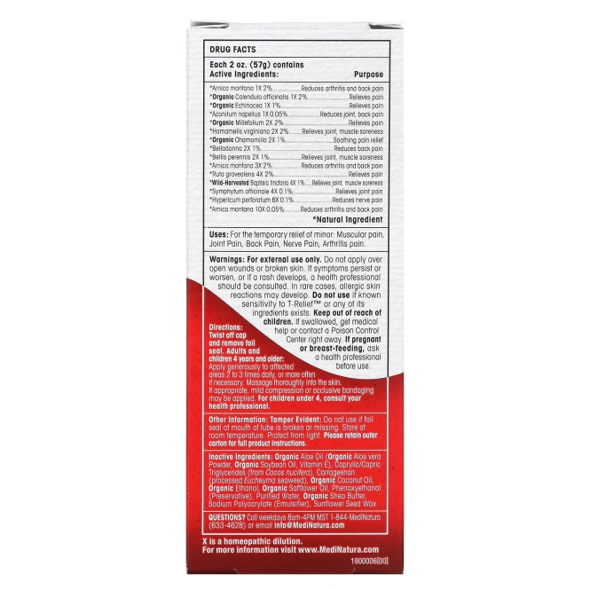 MediNatura, T-Relief, арника + 12 ингредиентов, успокаивающий крем на растительной основе, 57 г (2 унции)