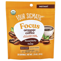 Four Sigmatic, Focus, органический растворимый кофе с грибом ежовиком гребенчатым и яконом, средняя обжарка, 50 г (1,76 унции)
