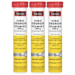 Swisse, Ultiboost ™, витамин C высокой эффективности, клубника, 1000 мг, 3 тюбика, 20 шипучих таблеток в каждой