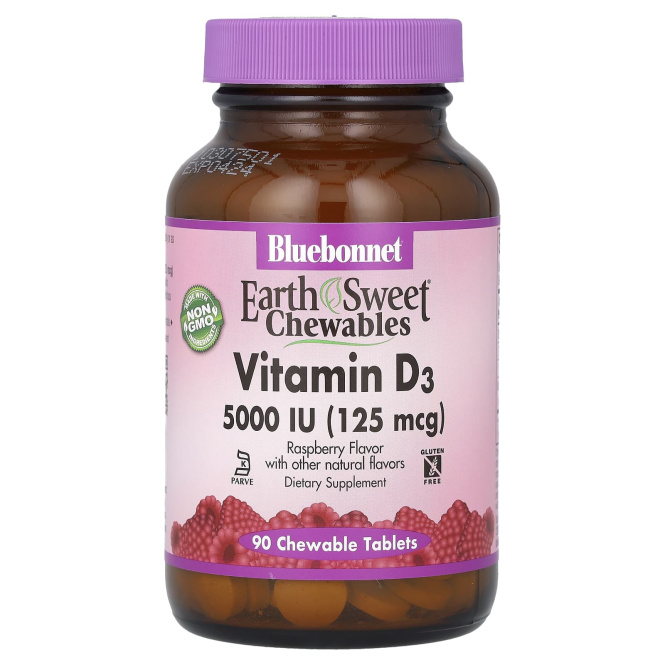 Bluebonnet Nutrition, Витамин D3, 5000 МЕ, 90 жевательных таблеток