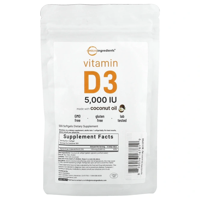 Micro Ingredients, Витамин D3, 5000 МЕ, 500 мягких таблеток