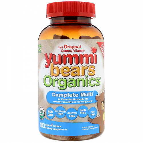 Hero Nutritional Products, Yummi Bears Organics, Полноценные мультивитамины, Органическая клубника, Апельсин и ананас, 180 вкусных мишек