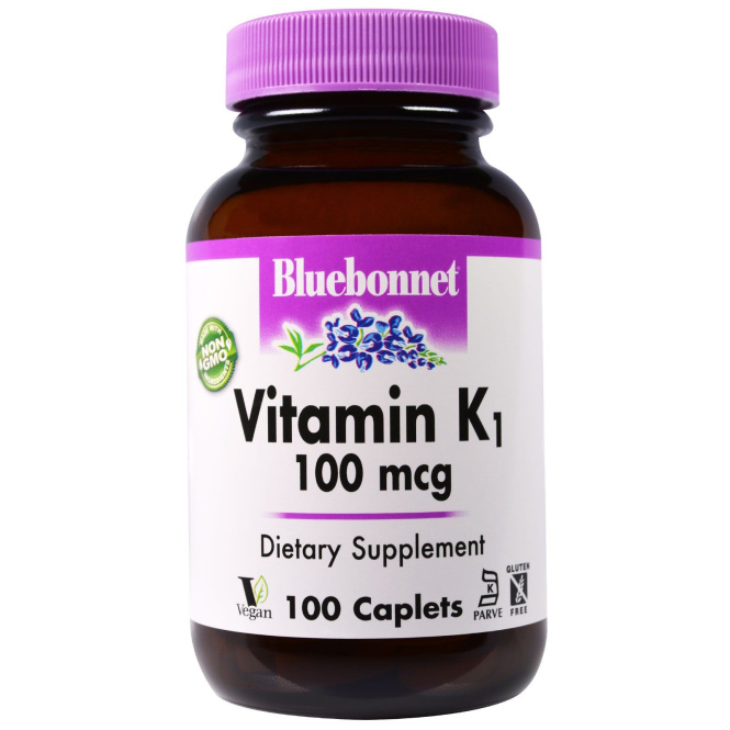 Bluebonnet Nutrition, Витамин K1, 100 мкг, 100 капсулообразных таблеток