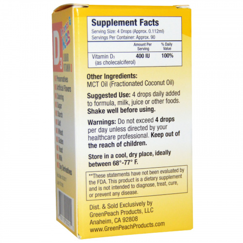 GreenPeach, Жидкий витамин D3 для малышей и детей, 400 МЕ, 0.34 ж. унций (10 мл)