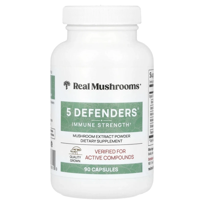 Real Mushrooms, 5 Defenders®, порошок с экстрактом грибов, 90 капсул