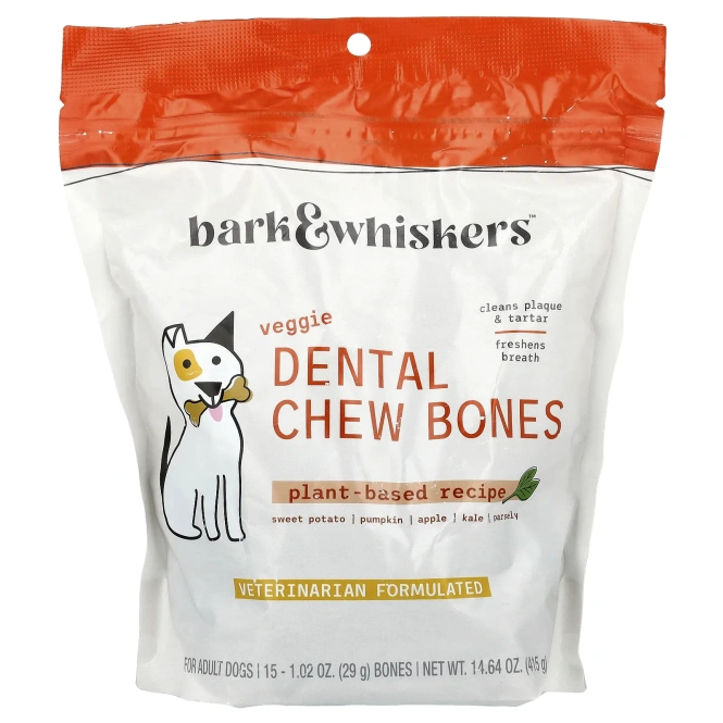 Dr. Mercola, Bark & Whiskers ™, Dental Chew Bones, для взрослых собак, вегетарианский продукт, 15 костей, 29 г (1,02 унции)
