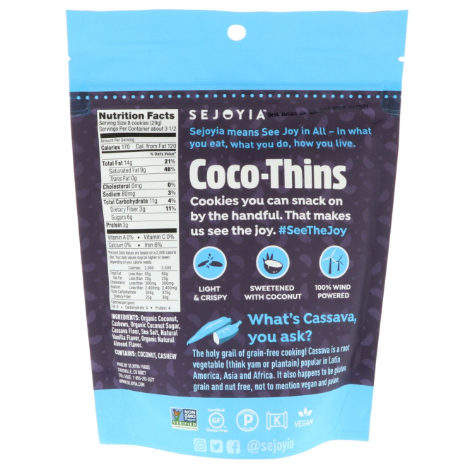 Sejoyia, Coco-Thins, печенье-закуска с кешью, ваниль, 99 г